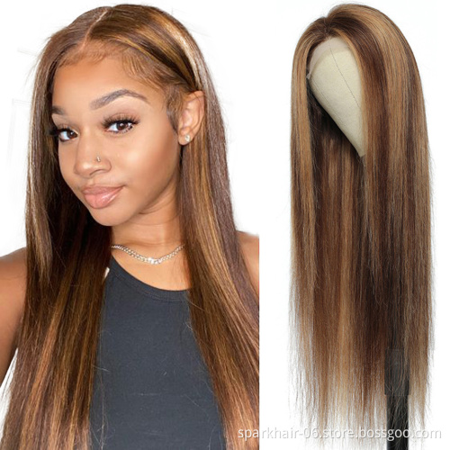 SPARK Blonde 30 Inch Long Straight Brown 13X4 Transparent Lace Highlighted Human Hair Wigs 10a Highlight Body Wave Hair Full Wig